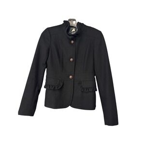 J. Crew Black Wool Blend Ruffle Trim Button Front Jacket‎ Coat - Size 0
